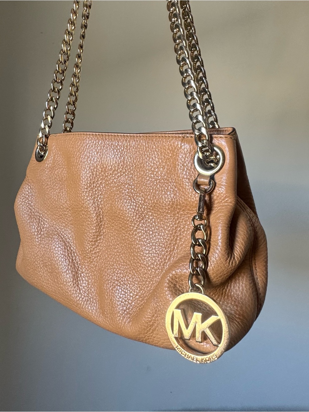 Michael Kors Tan Pebbled Leather Shoulder Bag with Gold Chain